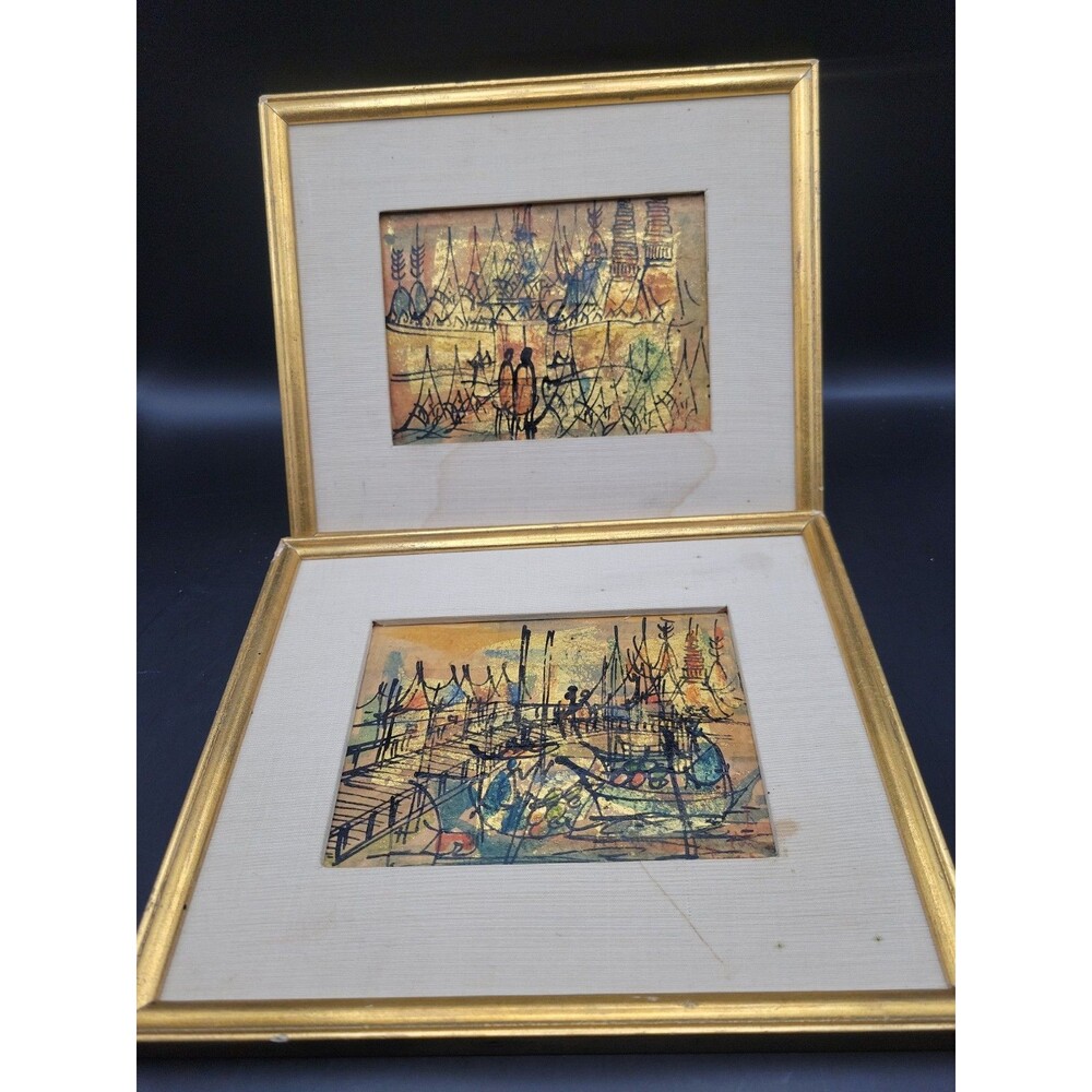 Pair Sumpow Dhepplatum Thai Gold Leaf Paintings Bangkok Thailand Vintage Art